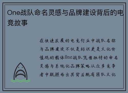 One战队命名灵感与品牌建设背后的电竞故事