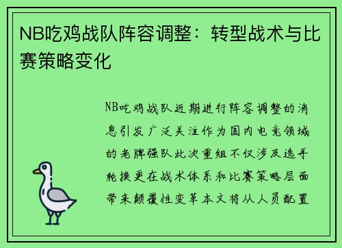 NB吃鸡战队阵容调整：转型战术与比赛策略变化